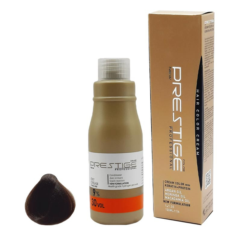 رنگ مو نیو پرستیژ کالر شماره 5.65 حجم 120 میلی لیتر رنگ قهوه ای فندقی روشن به همراه اکسیدان مدل 2 نه درصدی حجم 150 می...