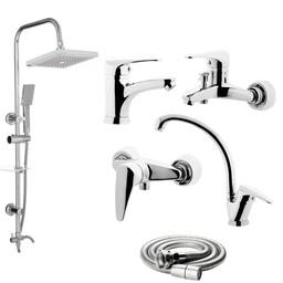ست شیرالات رز مدل تالیا کروم مجموعه 6 عددی به همراه علم دوش حمام دوکاره رسوبگیر دار و شلنگ سرویس بهداشتی 