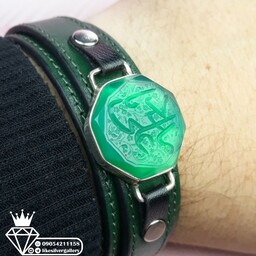 دستبندچرم عقیق خاص وزیبا عقیق سبزاصل تراش الماسی خط درجه یک یاعلی مددقاب نقره دستساز هشت ضلعی