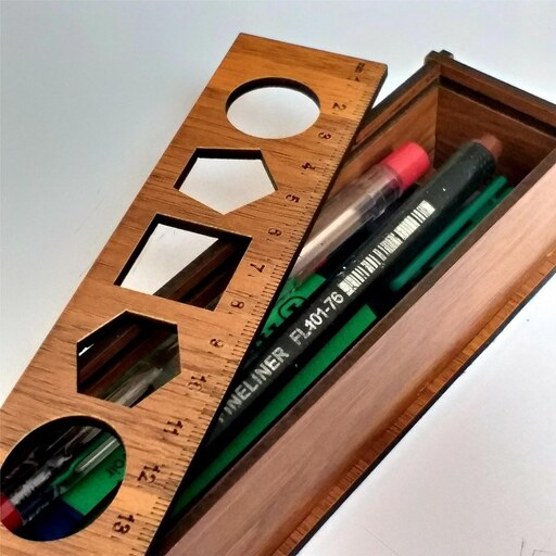 جامدادی چوبی کشویی - به همراه خط کش و شابلون- رنگ فیروزه ای