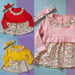 لباس بچگانه-پیراهن چیندار گل گلی دخترانه و هدبند