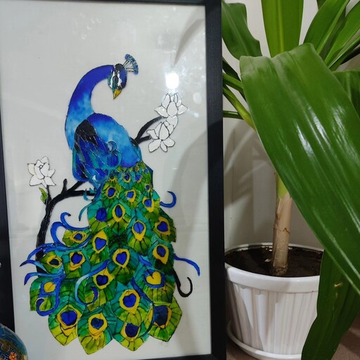 تابلو دستساز  ویترای مدل(طاووس)  تم سبز ابی