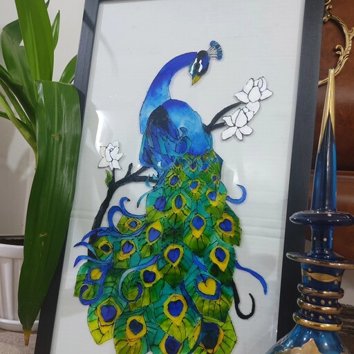 تابلو دستساز  ویترای مدل(طاووس)  تم سبز ابی