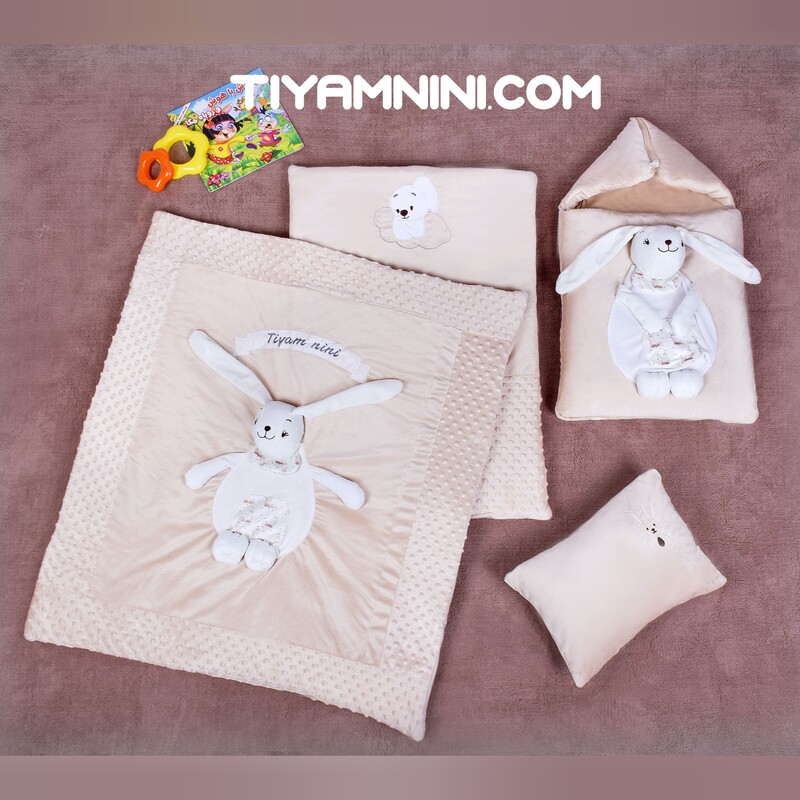 سیسمونی سرویس خواب عروسکی نوزاد طرح خرگوش گوش دراز دوبل مخمل استرچ و حبابی کد 308