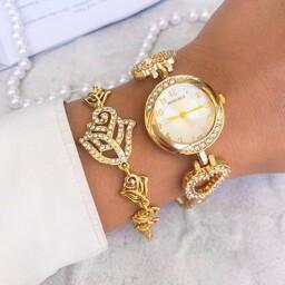 ساعت زنانه HONGRUI بند استیل نگین دار
 رنگ طلایی همراه با دستبند 