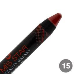 رژ لب مدادی میس استار شماره 15 رنگ زرشکی روشن، با نمای مات و ماندگاری بالا
