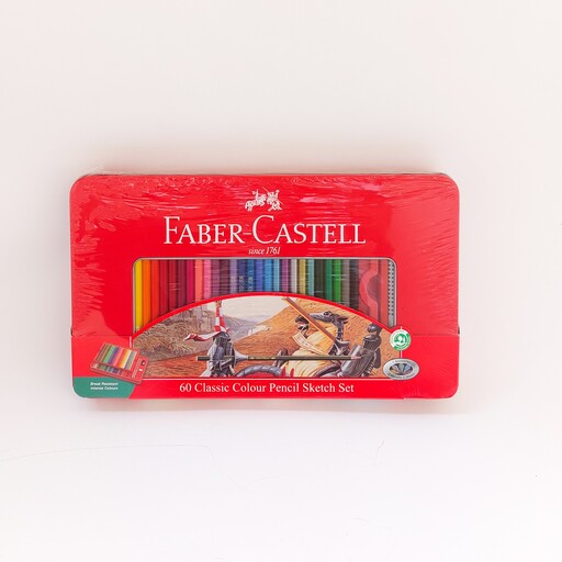 مداد رنگی 60 رنگ فابر کاستل اصل مدل classic جعبه فلزی به همراه پاک کن و مداد تراش و مداد مشکی