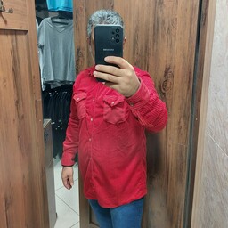 پیراهن مردانه مخمل کبریتی گرم پاییزه رنگ قرمز پارچه ضخیم خارجی