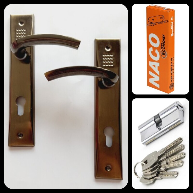مجموعه کامل دستگیره زیتونی و قفل و سیلندر قفل در چوبی سوییچی مخصوص درب های ورودی