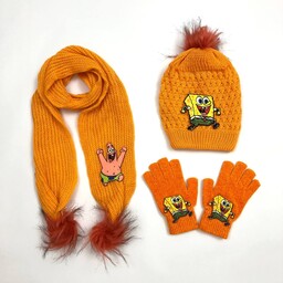 ست کلاه شالگردن و دستکش زمستانی بچگانه طرح باب اسفنجی 