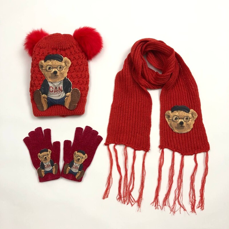 ست کلاه شالگردن و دستکش زمستانی بچگانه پسرانه طرح تدی خرس قهوه ای