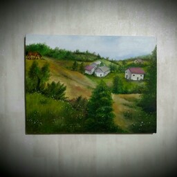 تابلو نقاشی رنگ روغن منظره طبیعت روستایی ییلاق