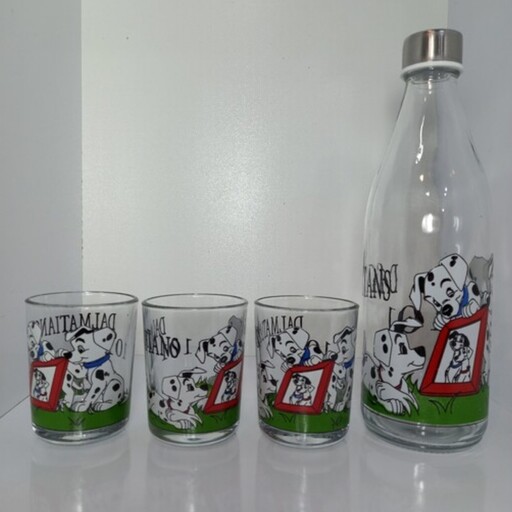 سرویس بطری و لیوان با طرح و نقش پاپی یک عدد بطری درب استیل و سه عدد لیوان بلوری ، بطری آب ، بطری یخچالی ، بطری شیر