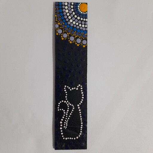 نشانگر کتاب (بوک مارک )چوبی ،دستساز ، طرح گربه و خورشید ، نقاشی شده با رنگ اکرولیک ،نقطه کوبی