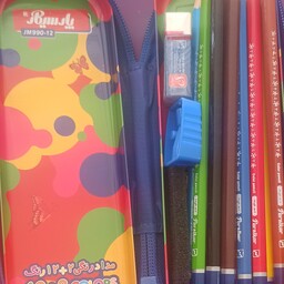 مداد رنگی 12 رنگپارسیکار همراه با جامدادی و پاکن و تراش