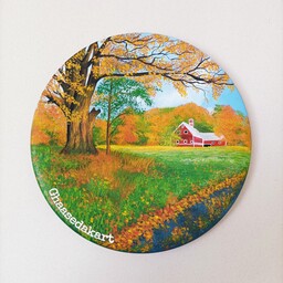 دیوارکوب سفالی نقاشی منظره پاییزی و کلبه قطر 20