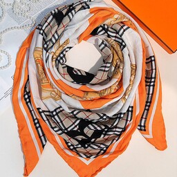  روسری نخی پاییزه برند برشکا قواره 130 طرح باربری چهارخونه رنگ کرم(ارسال رایگان)
