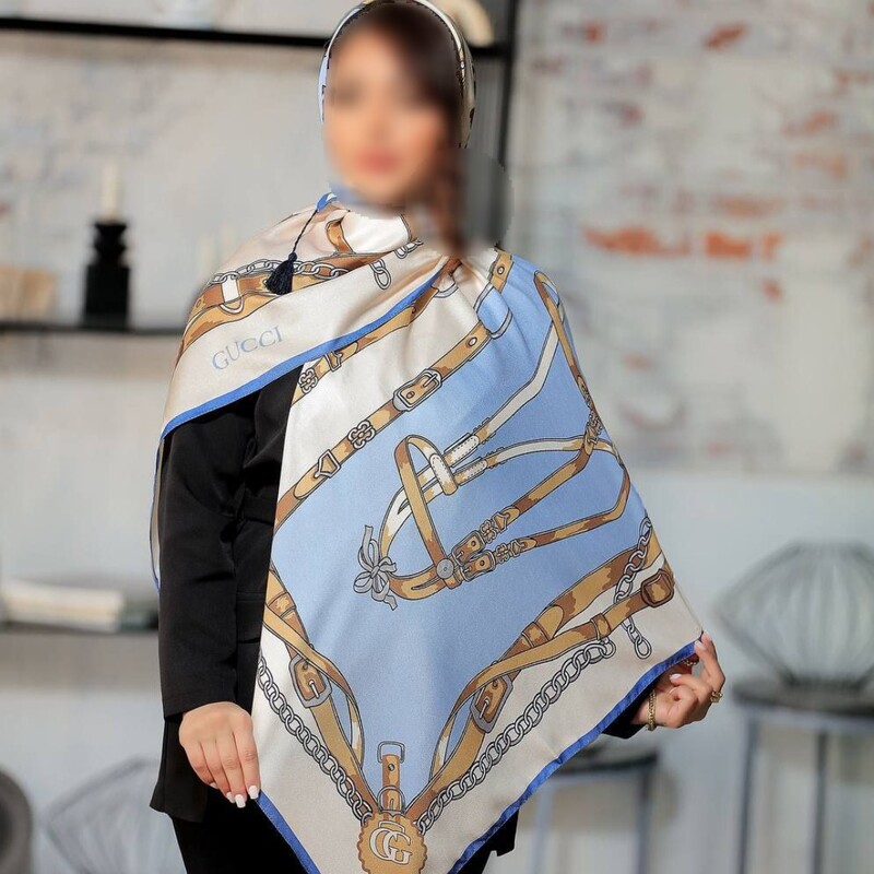 روسری نخی پاییزه منگوله دار قواره 140  برند سیا اسکارف رنگ آبی کرمی (ارسال رایگان)