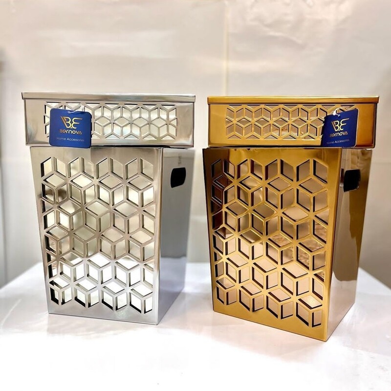 سطل و جعبه دستمال آینه و فلز برند برنوا مدل دیاموند طلایی