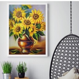 تابلو نقاشی رنگ روغن گلدان آفتاب گردان 40در60