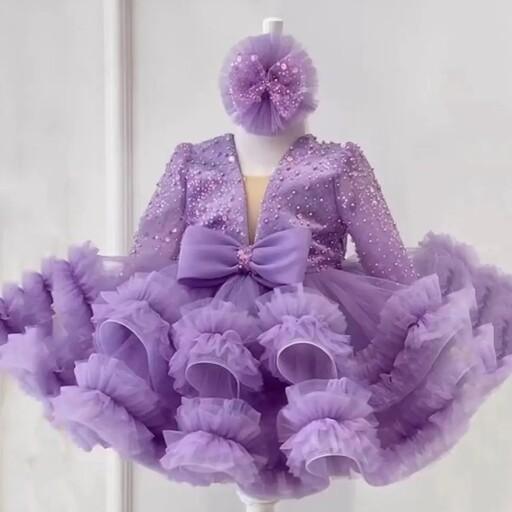 لباس پرنسسی دخترانه زیبا و خاص جنس پارچه دانتل پولکی مروارید دوزی شده مناسب 2تا 10 سال