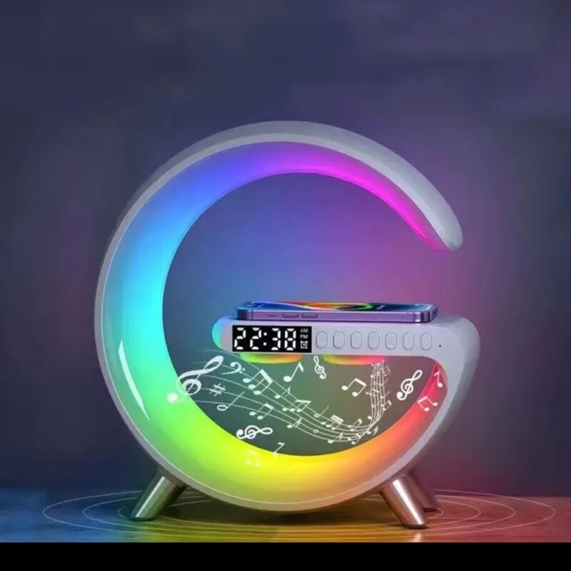 شارژر  بیسیم وایرلس اسپیکر بلوتوثی چراغ خواب RGB ساعت رومیزی،  امکان برقراری تماس 5 تا 15 وات سایز بزرگ جی لامپ n69