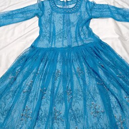 لباس کردی آبی آسمانی گل برجسته زیبا