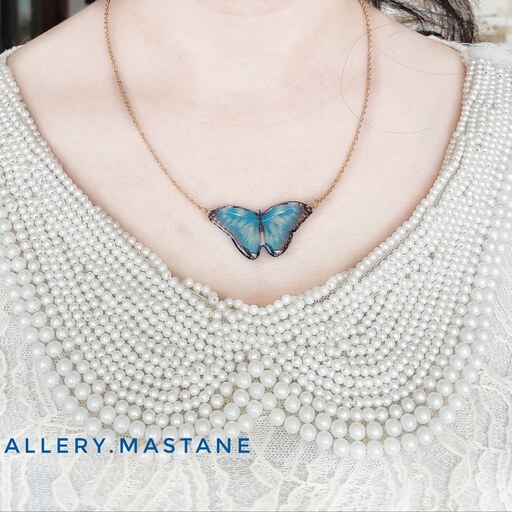 گردنبند پروانه آبی تقریبا فیروزه ای با زنجیر استیل رنگ ثابت