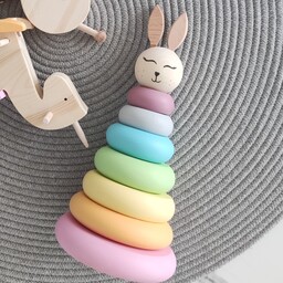 اسباب بازی چوبی برج هوش خرگوشی چوب روس  رنگ پاستیلی