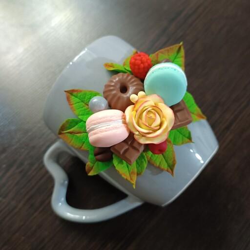 ماگ دسته قلبی سرامیکی با طرح فانتزی گل و شیرینی ماکارون، قابل شستشو، قابل استفاده برای نوشیدنی های سرد و گرم 