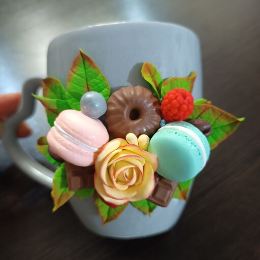 ماگ دسته قلبی سرامیکی با طرح فانتزی گل و شیرینی ماکارون، قابل شستشو، قابل استفاده برای نوشیدنی های سرد و گرم 