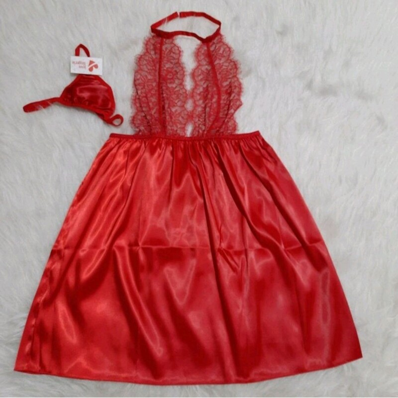 لباس خواب ساتن زنانه رنگ قرمز و مشکی فری سایز 38 تا 42 دوتکه با شورت برند لاو لینجر
