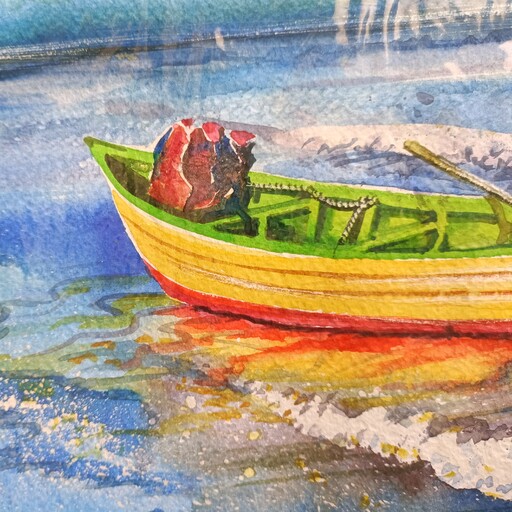 نقاشی آبرنگ قایق و ساحل