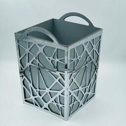 سطل بدون جا دستمالی ترکیبی فلزی و چوبی نقره ای 