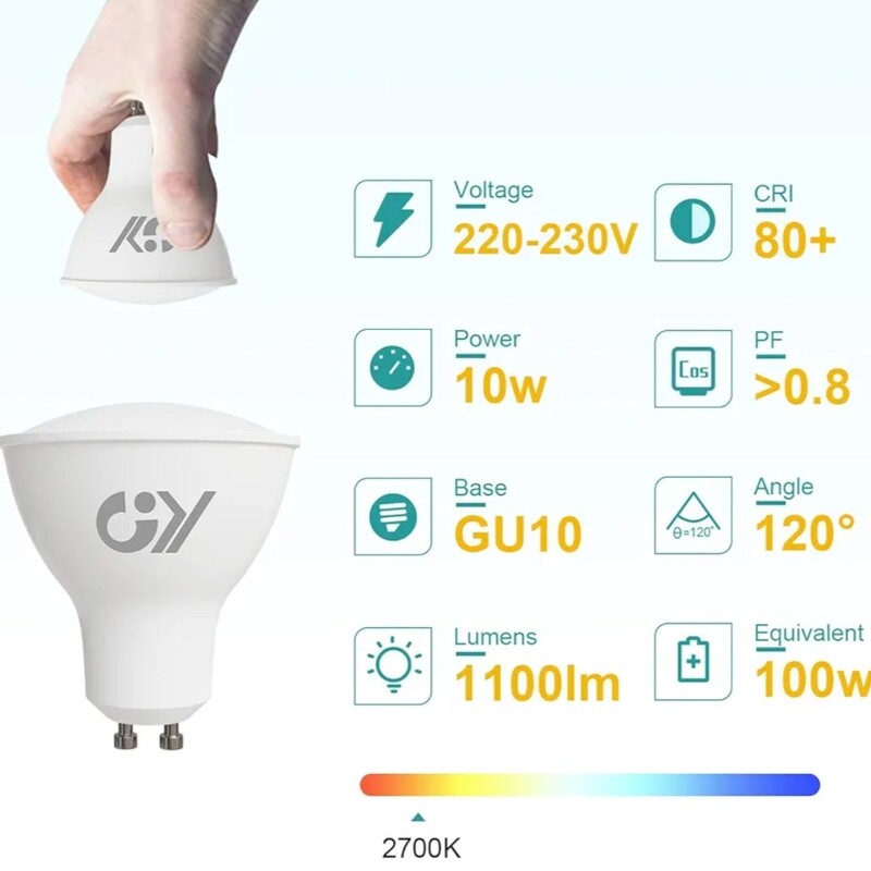 لامپ های کم مصرف LED GY GU10 2700 سفید گرم 10W 1100LM 6500K کم مصرف با لومن بالا 100 وات معادل لامپ هالوژن،پرتوعریض غیر 
