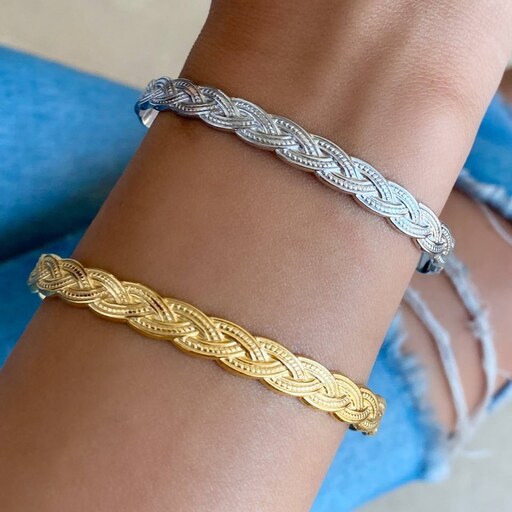 دستبند استیل کاف مدل بافت طلایی و نقره ای
