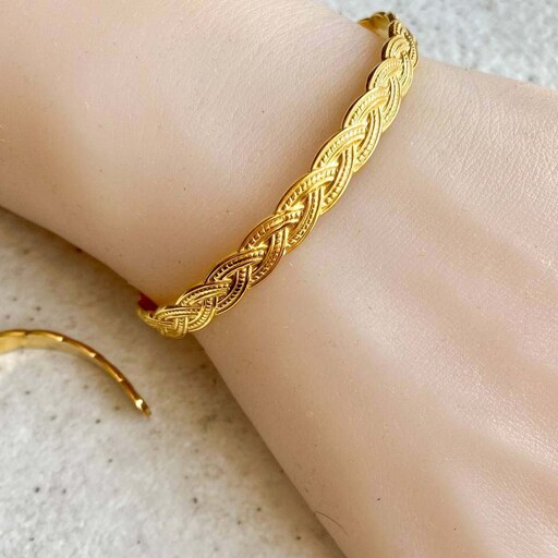 دستبند استیل کاف مدل بافت طلایی و نقره ای