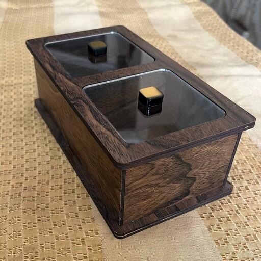 جعبه پذیرایی چوبی دوخانه درب شیشه ای رنگ قهوه ای تیره روشن