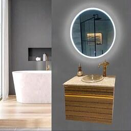 روشویی کابینتی با آنتیک چوب و ستگیره طلایی با سنگ طبیعی و آینه بک لایت
