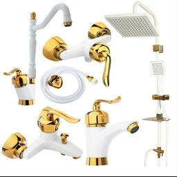 ست 6 تیکه شیرآلات قاجاری سفید طلایی همراه علم دوش دوکاره حمام و شلنگ توالت
