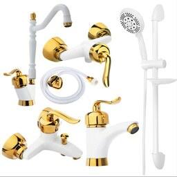 ست 6 تیکه شیرآلات قاجاری سفید طلایی همراه علم دوش حمام و شلنگ و توالت