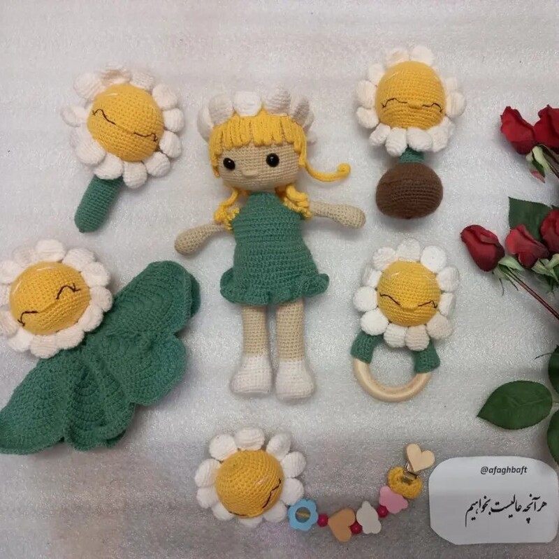 عروسک بافتنی  ست سیسمونی گل پری شامل عروسک پرده جمع کن جغجغه پتو آغوشی بند پستونک   دندونگیر 
