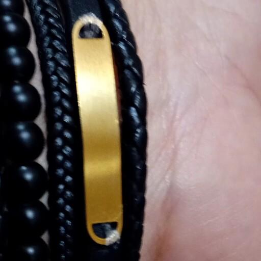 دستبند چرم سه ردیفه زنانه همراه با پلاک اسم کد 5454