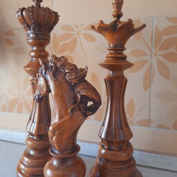 مجسمه مهره شطرنج دکوری مجموعه سه عددی طرح چوب