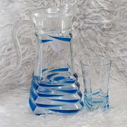 پارچ و لیوان شیشه ای  رنگی ساخت چین ارتفاع پارچ 24س و ارتفاع لیوان 12س  رنگ آبی  شامل یه عدد پارچ و چهار عدد لیوان 