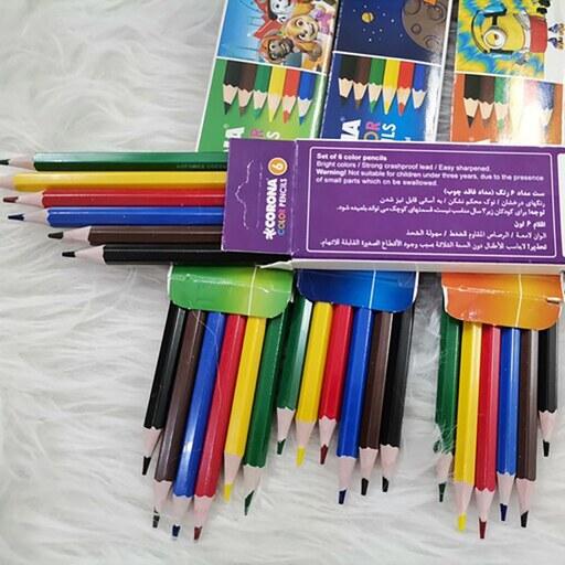 مداد رنگی 6 رنگ بلند مقوایی کرونا مناسب برای مدرسه و کلاس نقاشی