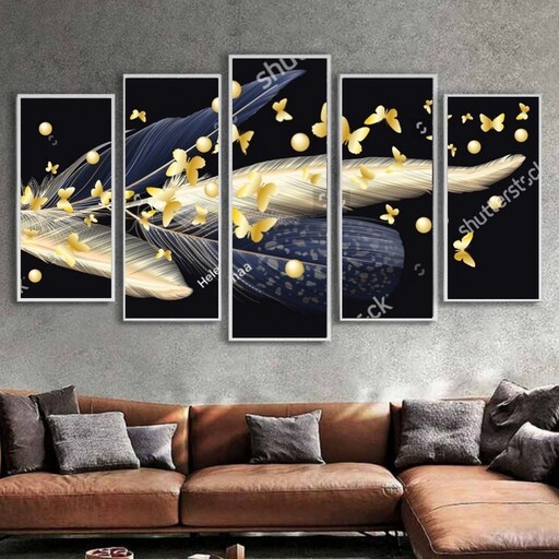 تابلو دکوراتیو پنج تکه پر وپروانه های طلایی با زمینه مشکی