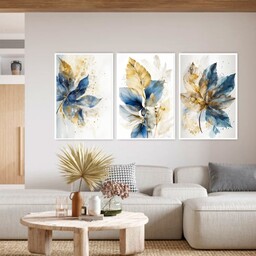تابلو دکوراتیو طرح نقاشی آبرنگی گل آبی  سه تکه 
