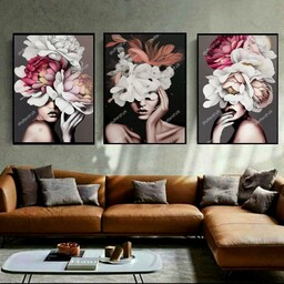 تابلو دکوراتیو طرح مدرن زن با صورت گل صورتی سه تکه 