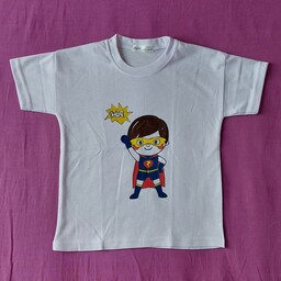 تیشرت پسرانه سفید طرح سوپرمن رنگ شده با دست مناسب سن 4تا 6سال